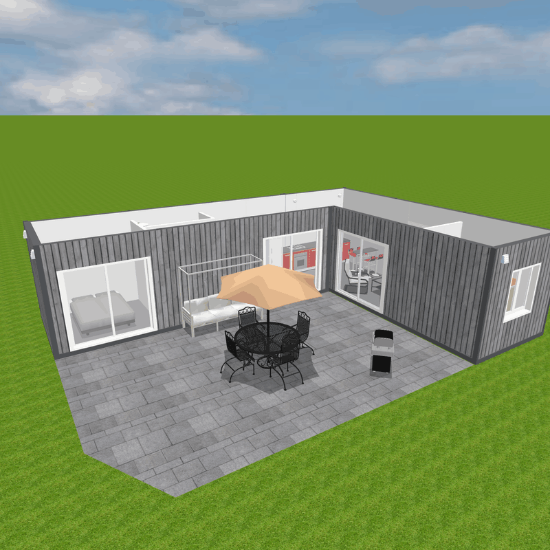 Domek z dwóch modułów z łazienką, aneksem kuchennym i dwoma sypialniami
